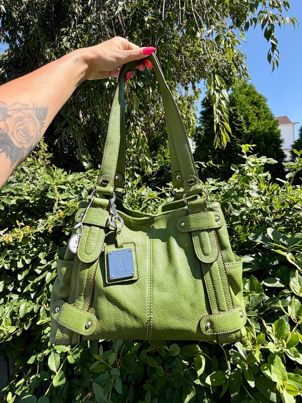 Vintage Tignanello Green Leather Shoulder Slouchy Hobo Bag